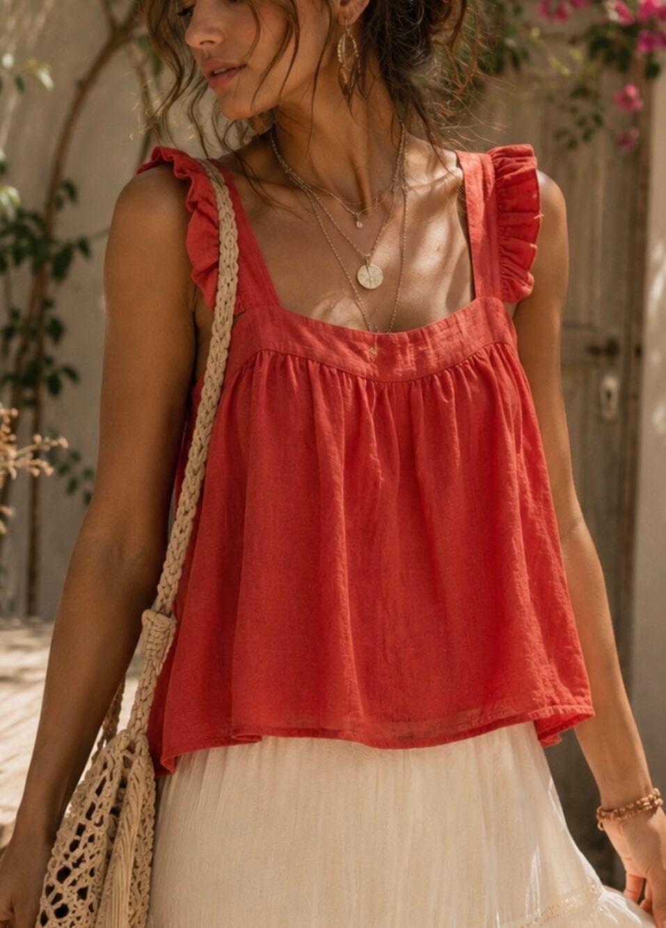 Karlie 100% Linen Coral Ruffle Square Neck Crop Tank Top Boho cottagecore L
